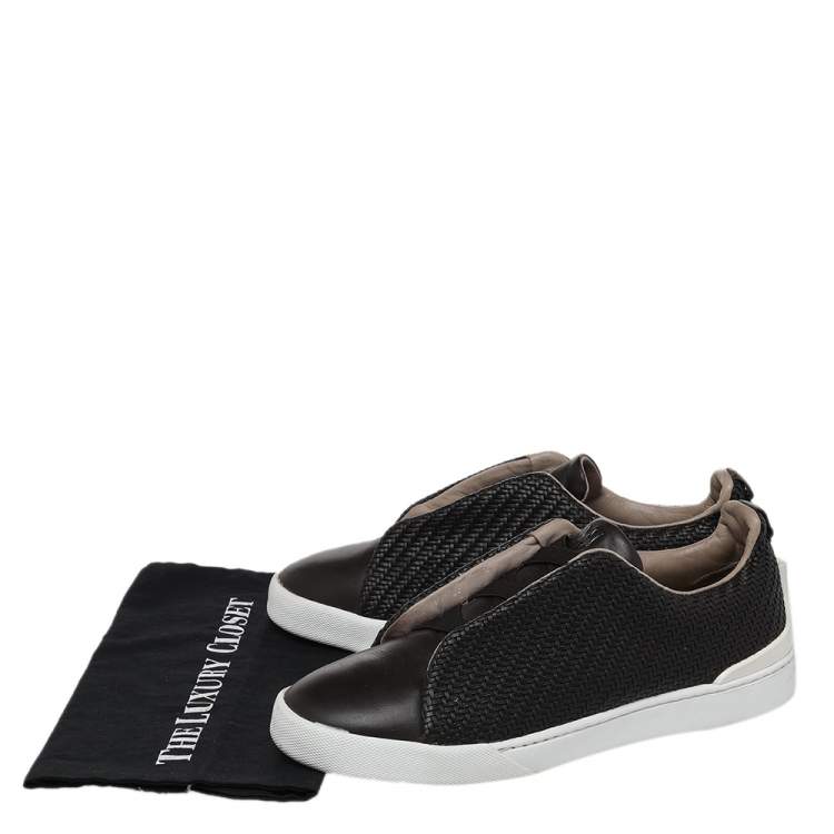 Pre Owned Ermenegildo Zegna Couture Dark Brown Woven Leather Pelle Tessuta Triple Stitch Slip On Sneakers Size 43