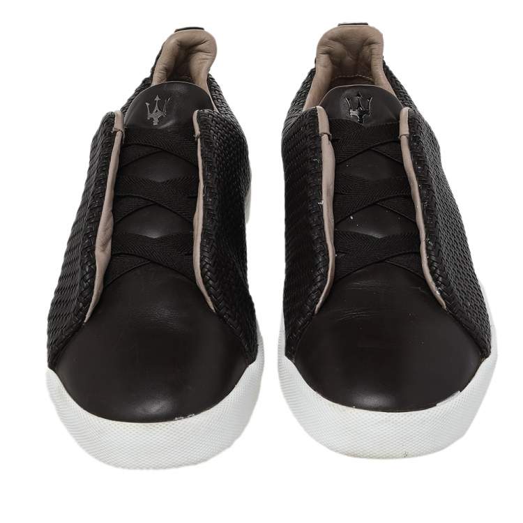 Pre Owned Ermenegildo Zegna Couture Dark Brown Woven Leather Pelle Tessuta Triple Stitch Slip On Sneakers Size 43