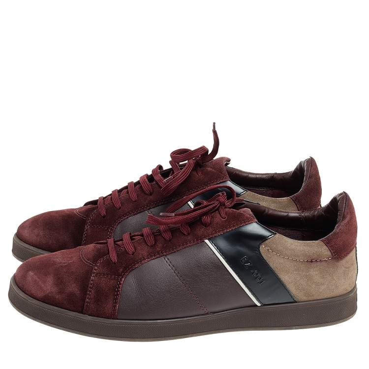 Pre Owned Ermenegildo Zegna Burgundy/Grey Suede And Leather Low Top Sneakers Size 44