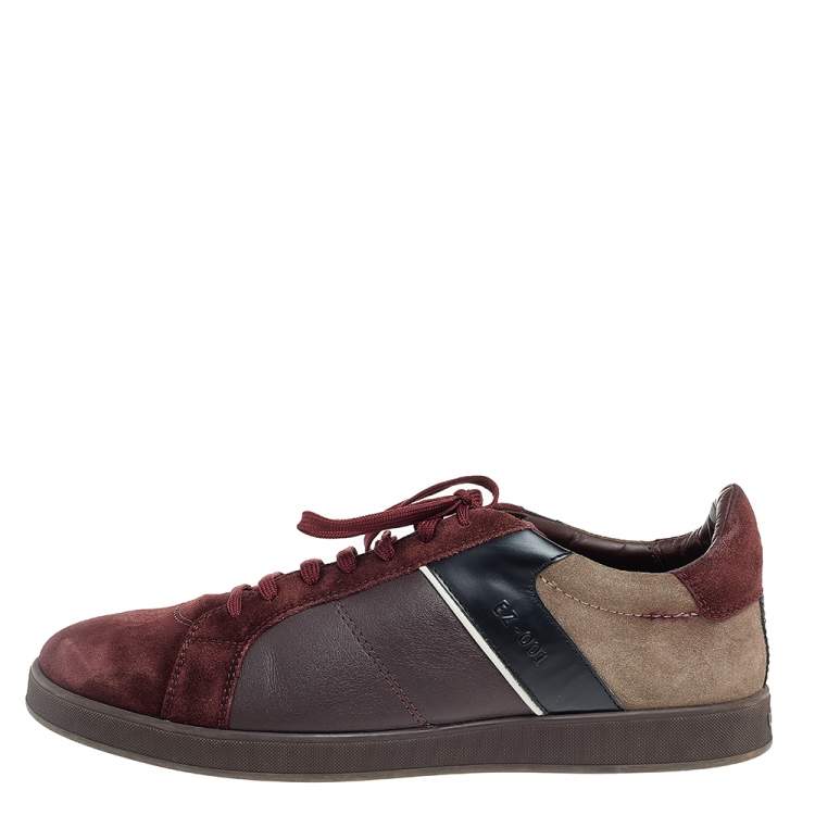 Pre Owned Ermenegildo Zegna Burgundy/Grey Suede And Leather Low Top Sneakers Size 44