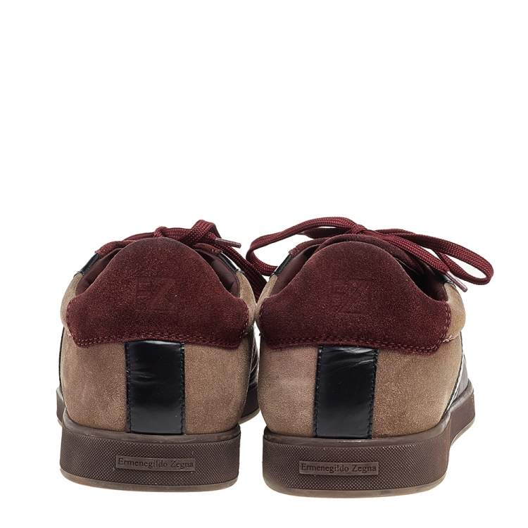 Pre Owned Ermenegildo Zegna Burgundy/Grey Suede And Leather Low Top Sneakers Size 44