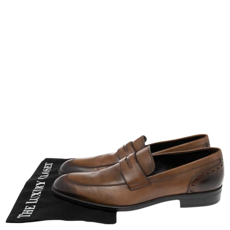 Pre Owned Ermenegildo Zegna Ombre Brown Brogue Leather Penny Loafers Size 42.5