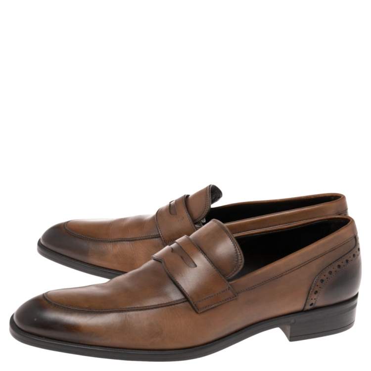 Pre Owned Ermenegildo Zegna Ombre Brown Brogue Leather Penny Loafers Size 42.5