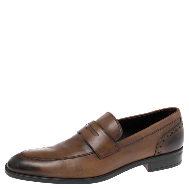 Pre Owned Ermenegildo Zegna Ombre Brown Brogue Leather Penny Loafers Size 42.5