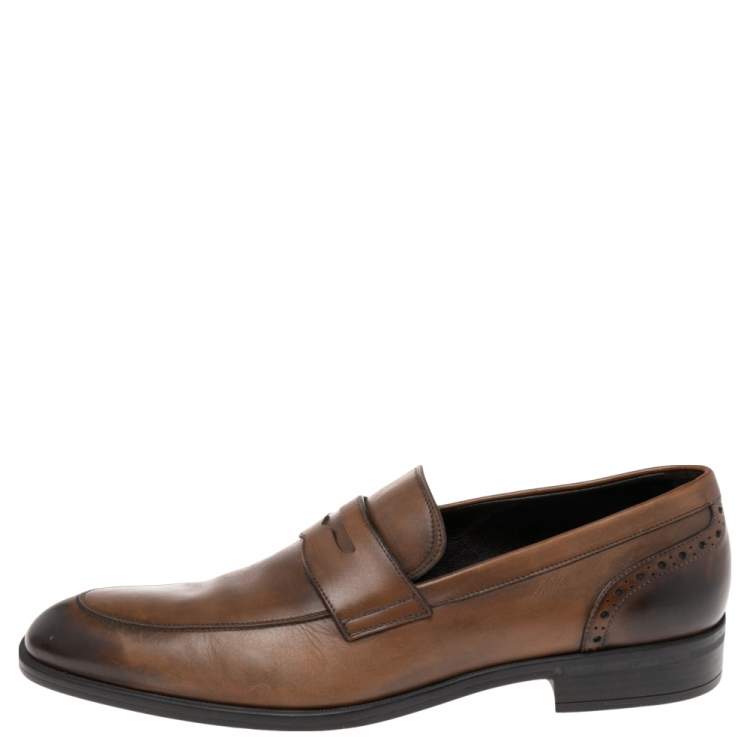 Pre Owned Ermenegildo Zegna Ombre Brown Brogue Leather Penny Loafers Size 42.5