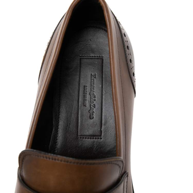 Pre Owned Ermenegildo Zegna Ombre Brown Brogue Leather Penny Loafers Size 42.5