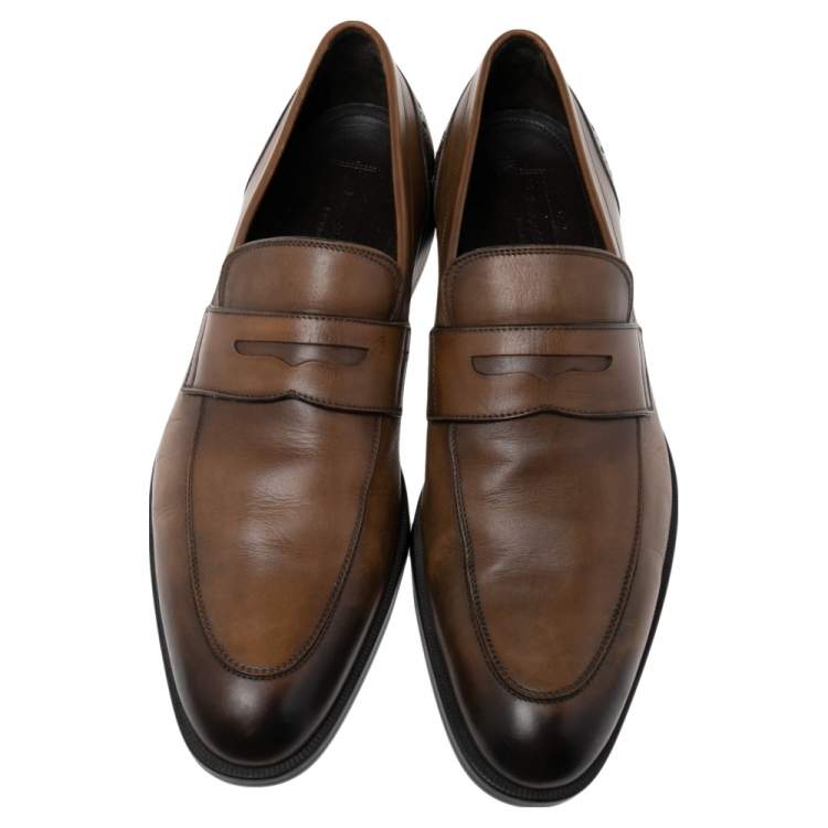 Pre Owned Ermenegildo Zegna Ombre Brown Brogue Leather Penny Loafers Size 42.5
