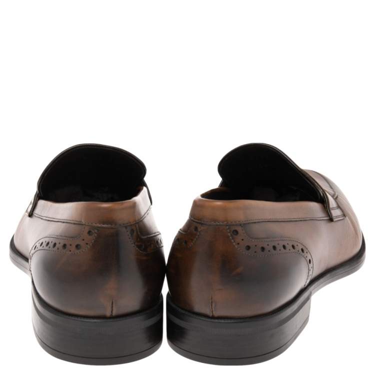 Pre Owned Ermenegildo Zegna Ombre Brown Brogue Leather Penny Loafers Size 42.5
