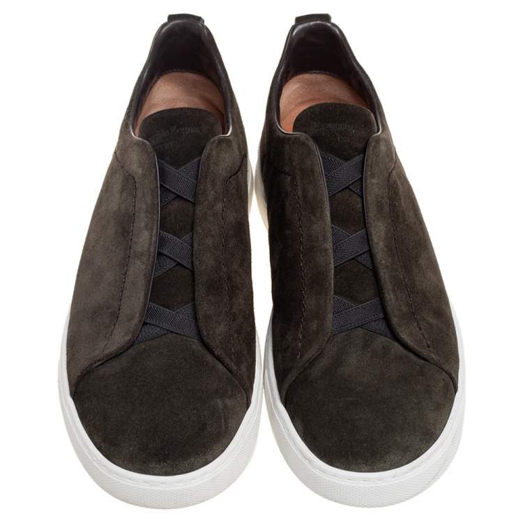 Pre Owned Ermenegildo Zegna Dark Green Suede Triple Stitch Slip On Sneakers Size 42