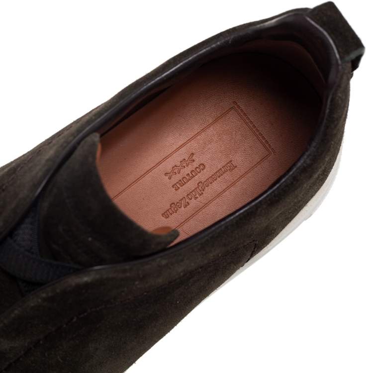 Pre Owned Ermenegildo Zegna Dark Green Suede Triple Stitch Slip On Sneakers Size 42