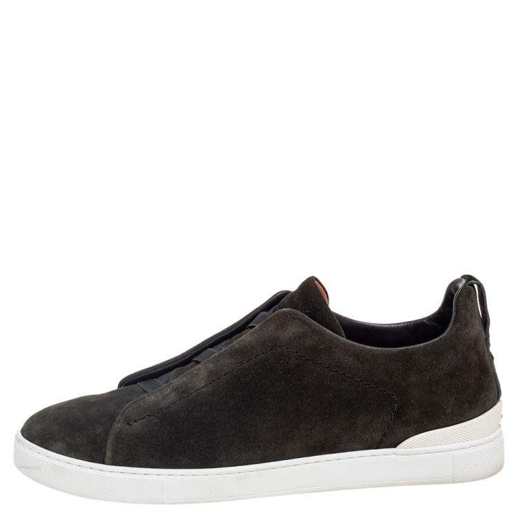 Pre Owned Ermenegildo Zegna Dark Green Suede Triple Stitch Slip On Sneakers Size 42