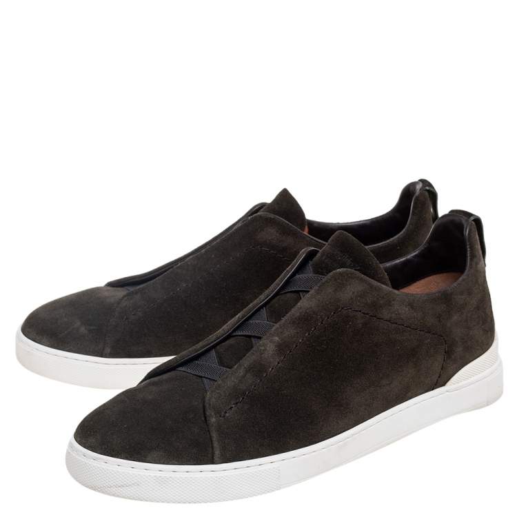 Pre Owned Ermenegildo Zegna Dark Green Suede Triple Stitch Slip On Sneakers Size 42