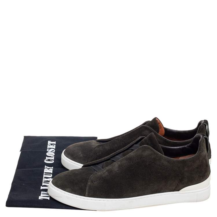 Pre Owned Ermenegildo Zegna Dark Green Suede Triple Stitch Slip On Sneakers Size 42