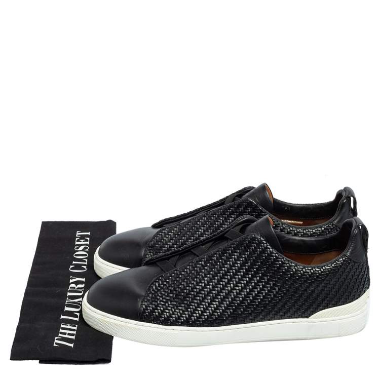 Pre Owned Ermenegildo Zegna Couture Black Woven Leather Pelle Tessuta Slip On Sneakers Size 43