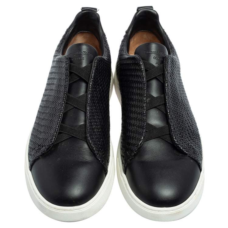 Pre Owned Ermenegildo Zegna Couture Black Woven Leather Pelle Tessuta Slip On Sneakers Size 43