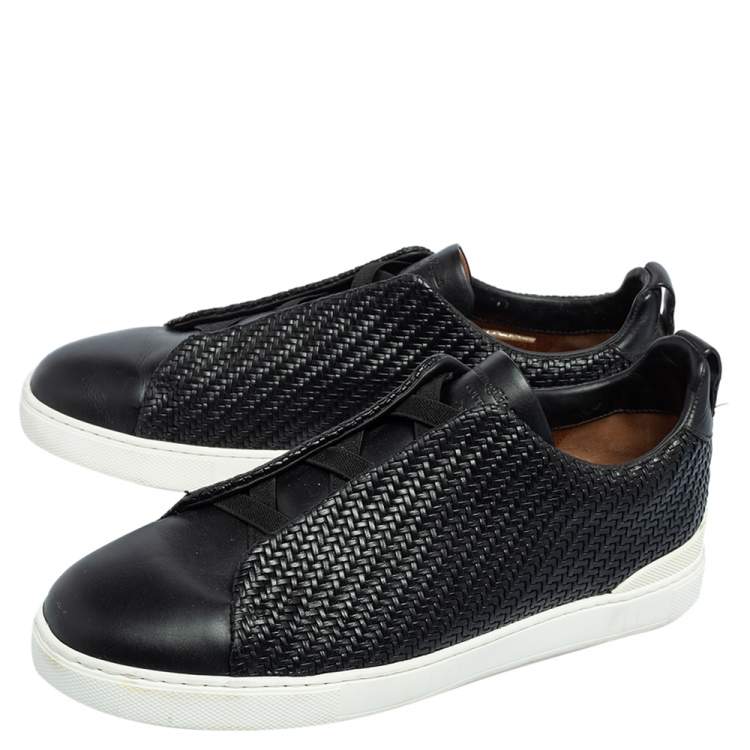 Pre Owned Ermenegildo Zegna Couture Black Woven Leather Pelle Tessuta Slip On Sneakers Size 43