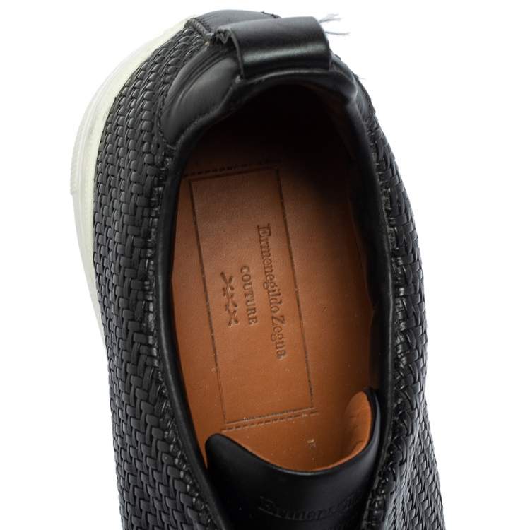 Pre Owned Ermenegildo Zegna Couture Black Woven Leather Pelle Tessuta Slip On Sneakers Size 43