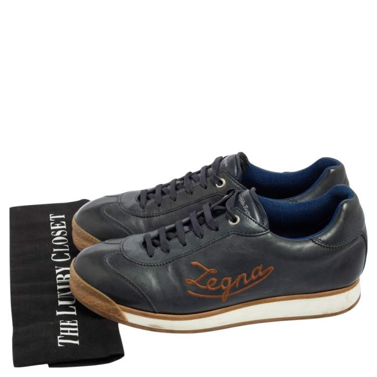 Pre Owned Ermenegildo Zegna Navy Blue Leather Lace Up Sneakers Size 42.5 