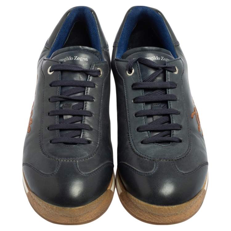 Pre Owned Ermenegildo Zegna Navy Blue Leather Lace Up Sneakers Size 42.5 
