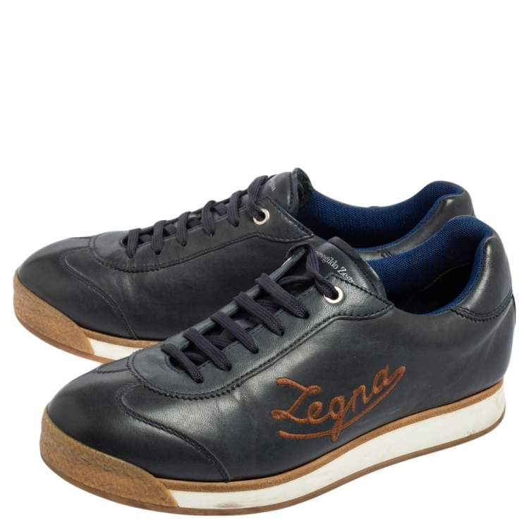 Pre Owned Ermenegildo Zegna Navy Blue Leather Lace Up Sneakers Size 42.5 