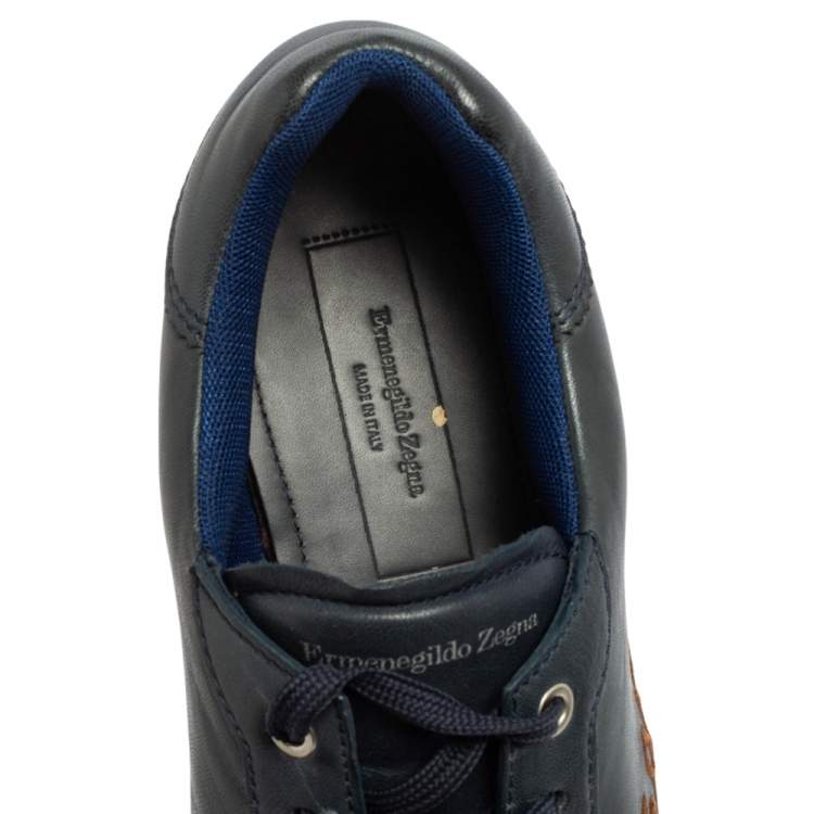 Pre Owned Ermenegildo Zegna Navy Blue Leather Lace Up Sneakers Size 42.5 
