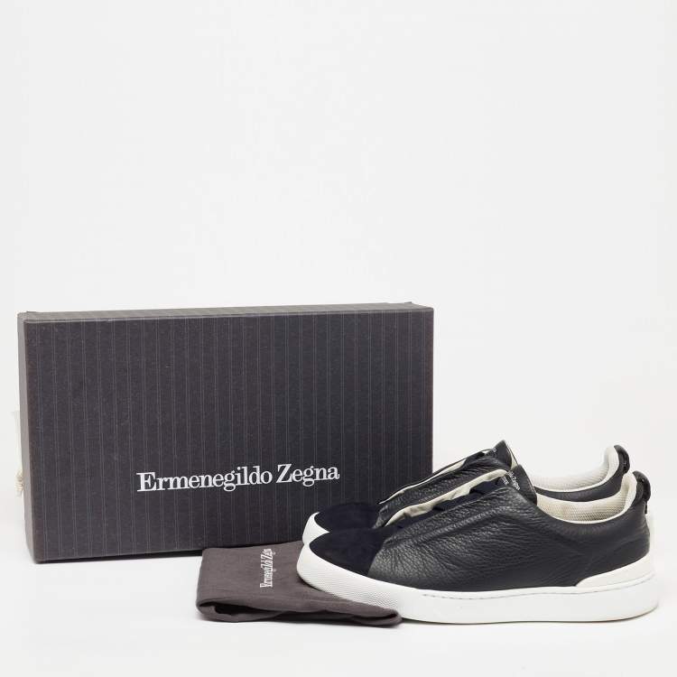 Pre Owned Ermenegildo Zegna Black/Navy Blue Leather and Suede Triple Stitch Slip-On Sneakers Size 40