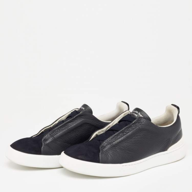 Pre Owned Ermenegildo Zegna Black/Navy Blue Leather and Suede Triple Stitch Slip-On Sneakers Size 40