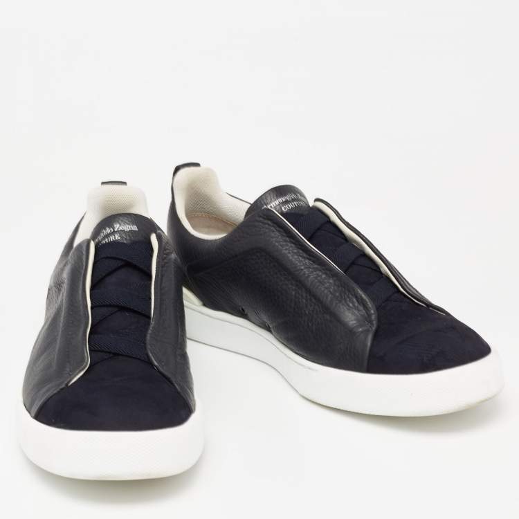 Pre Owned Ermenegildo Zegna Black/Navy Blue Leather and Suede Triple Stitch Slip-On Sneakers Size 40