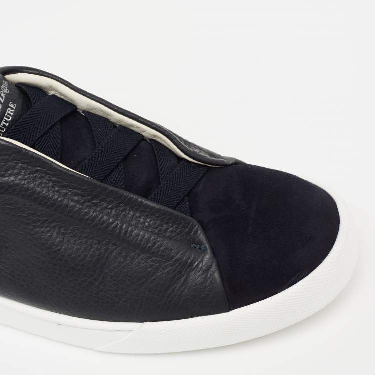 Pre Owned Ermenegildo Zegna Black/Navy Blue Leather and Suede Triple Stitch Slip-On Sneakers Size 40