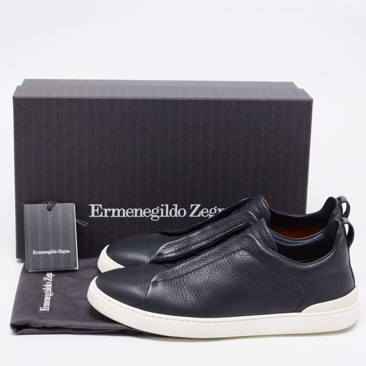Pre Owned Ermenegildo Zegna Navy Blue Leather Triple Stitch Slip On Sneakers Size 42