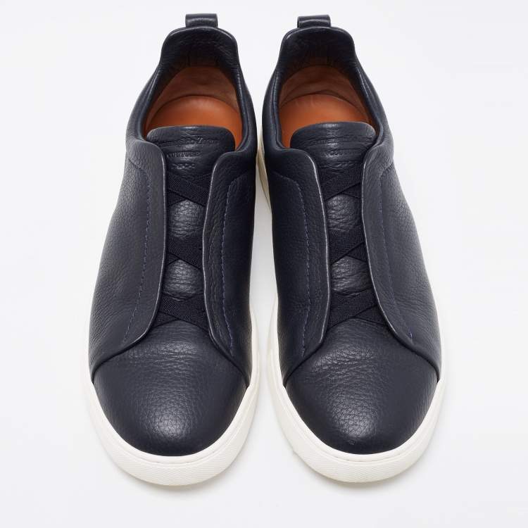 Pre Owned Ermenegildo Zegna Navy Blue Leather Triple Stitch Slip On Sneakers Size 42