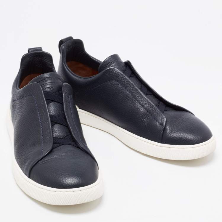 Pre Owned Ermenegildo Zegna Navy Blue Leather Triple Stitch Slip On Sneakers Size 42