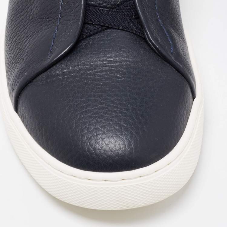 Pre Owned Ermenegildo Zegna Navy Blue Leather Triple Stitch Slip On Sneakers Size 42