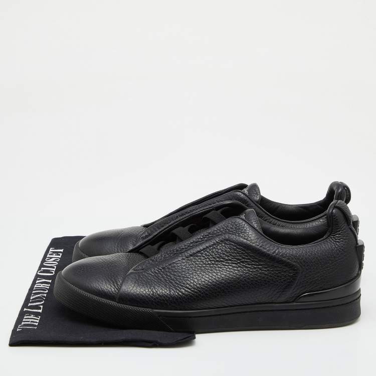Pre Owned Ermenegildo Zegna Black Leather Triple Stitch Slip On Sneakers Size 43