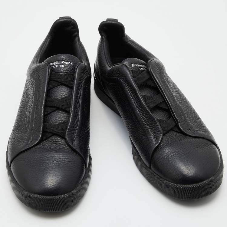 Pre Owned Ermenegildo Zegna Black Leather Triple Stitch Slip On Sneakers Size 43