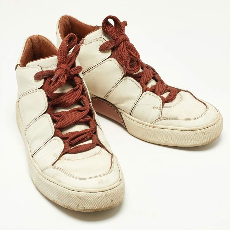 Pre Owned Ermenegildo Zegna Off White/Brown Leather Tiziano Sneakers Size 41