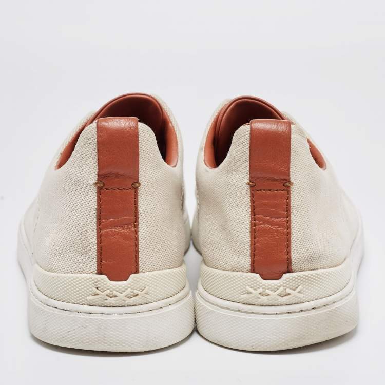 Pre Owned Ermenegildo Zegna Beige/Brown Canvas and Leather Triple Stitch Sneakers Size 44