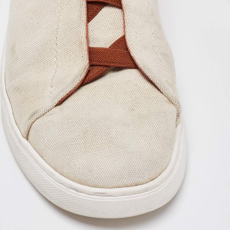 Pre Owned Ermenegildo Zegna Beige/Brown Canvas and Leather Triple Stitch Sneakers Size 44
