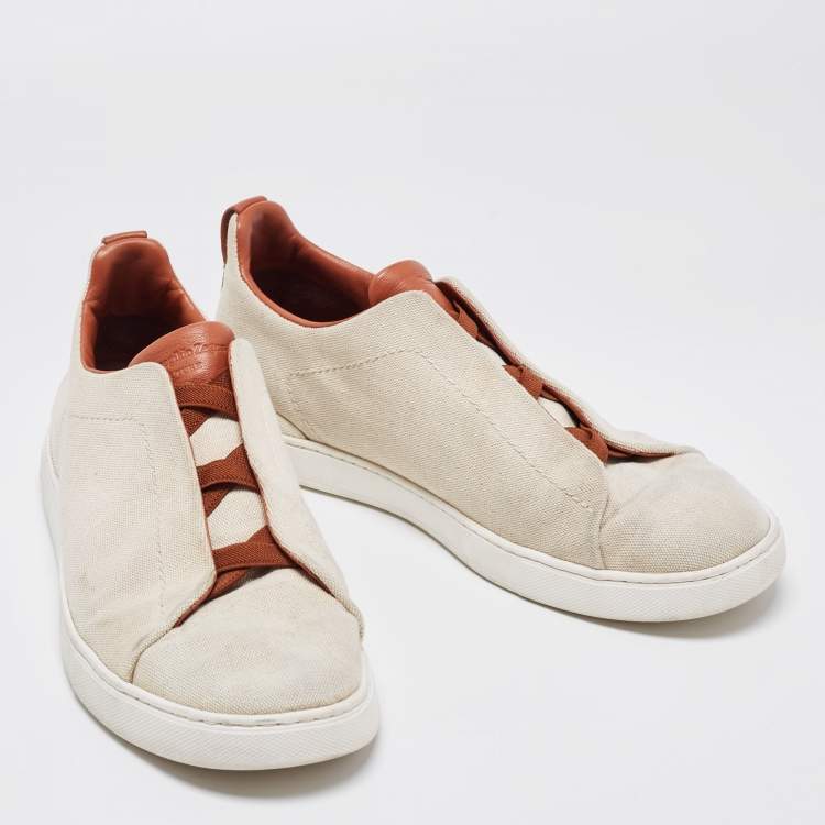 Pre Owned Ermenegildo Zegna Beige/Brown Canvas and Leather Triple Stitch Sneakers Size 44