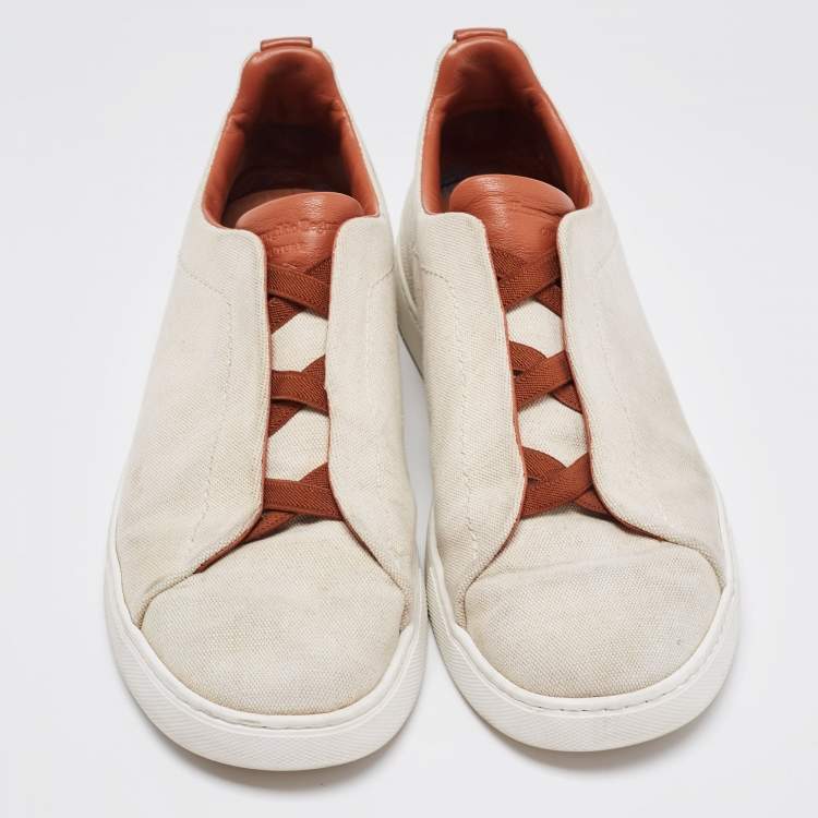 Pre Owned Ermenegildo Zegna Beige/Brown Canvas and Leather Triple Stitch Sneakers Size 44