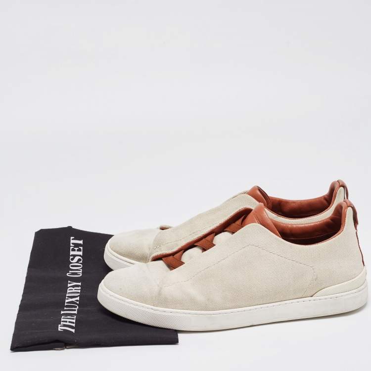 Pre Owned Ermenegildo Zegna Beige/Brown Canvas and Leather Triple Stitch Sneakers Size 44