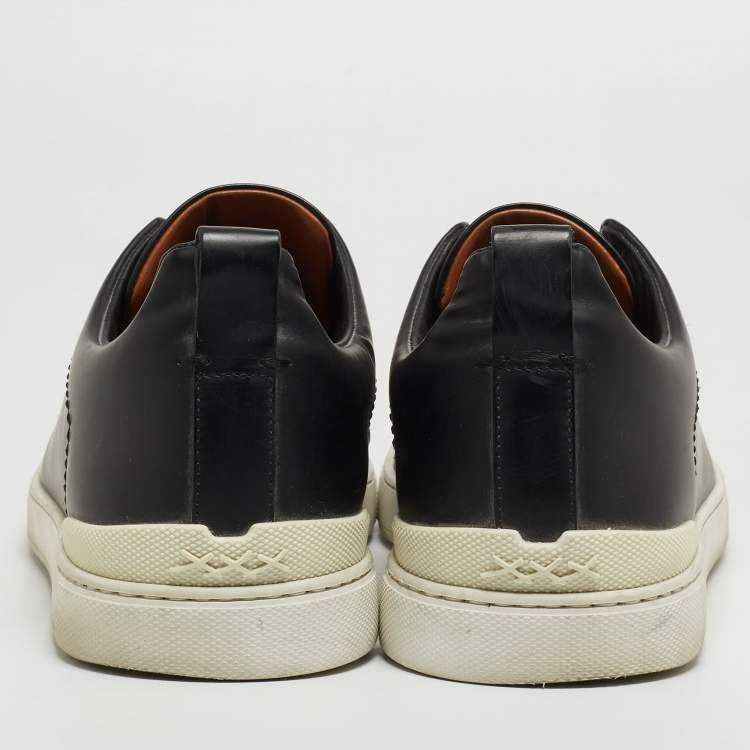 Pre Owned Ermenegildo Zegna Black Leather and Felt Triple Stitch Sneakers Size 43.5 