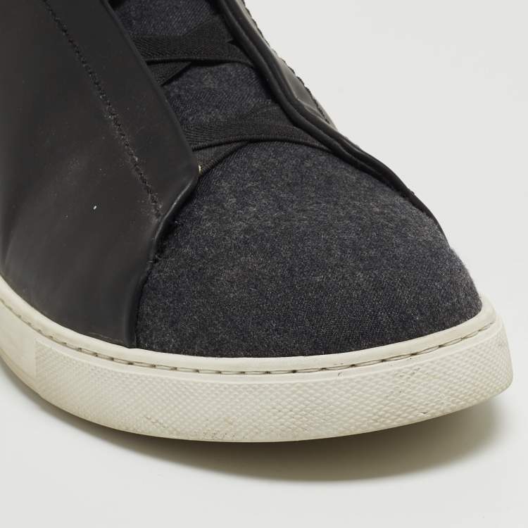 Pre Owned Ermenegildo Zegna Black Leather and Felt Triple Stitch Sneakers Size 43.5 