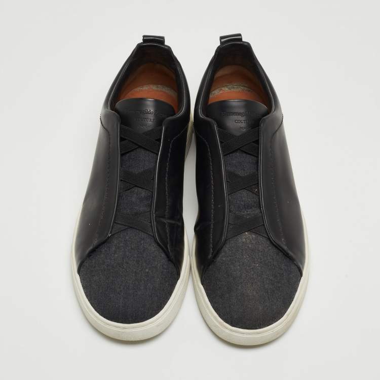 Pre Owned Ermenegildo Zegna Black Leather and Felt Triple Stitch Sneakers Size 43.5 