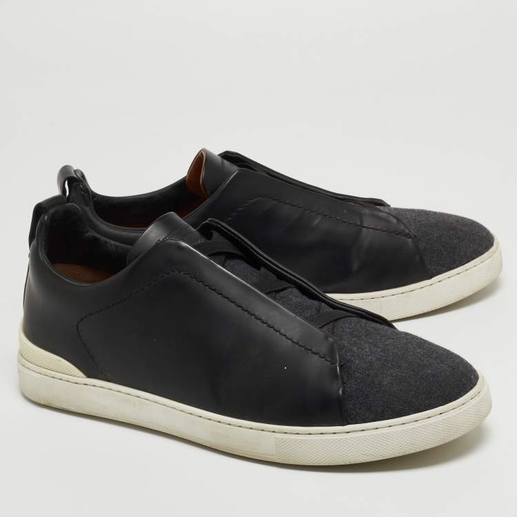 Pre Owned Ermenegildo Zegna Black Leather and Felt Triple Stitch Sneakers Size 43.5 
