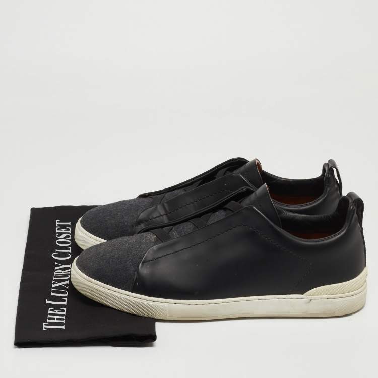 Pre Owned Ermenegildo Zegna Black Leather and Felt Triple Stitch Sneakers Size 43.5 