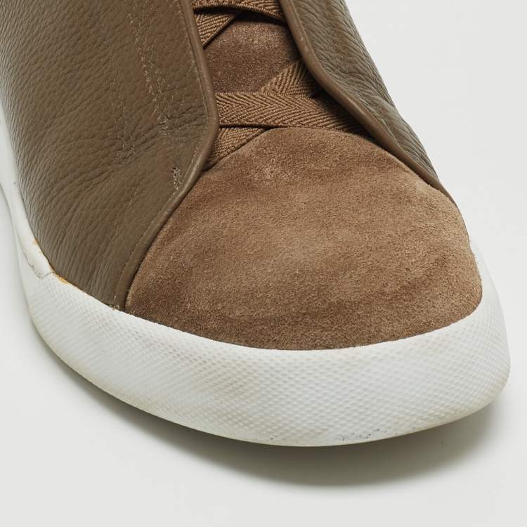 Pre Owned Ermenegildo Zegna Brown Leather and Suede Triple Stitch Sneakers Size 44