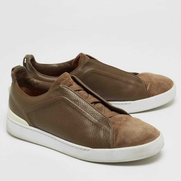 Pre Owned Ermenegildo Zegna Brown Leather and Suede Triple Stitch Sneakers Size 44