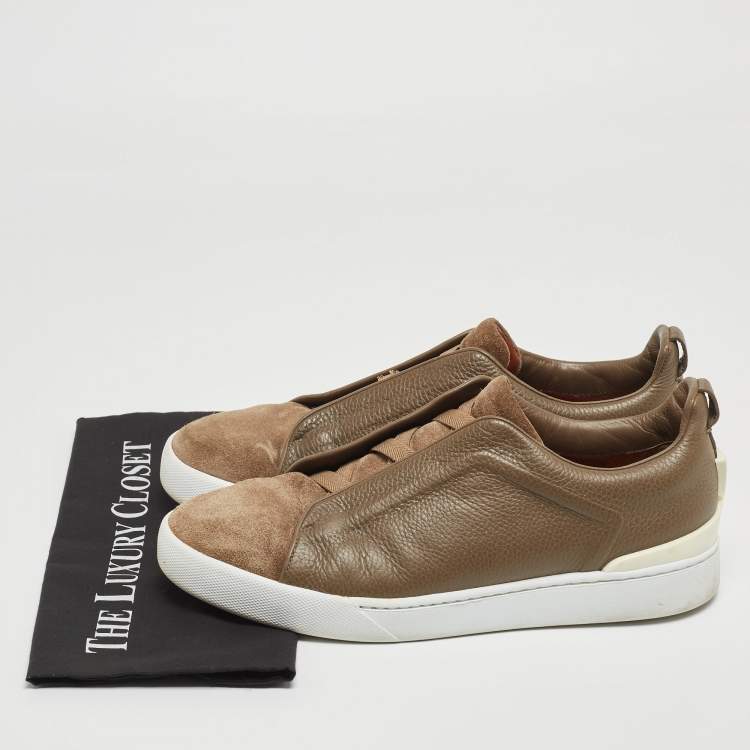 Pre Owned Ermenegildo Zegna Brown Leather and Suede Triple Stitch Sneakers Size 44