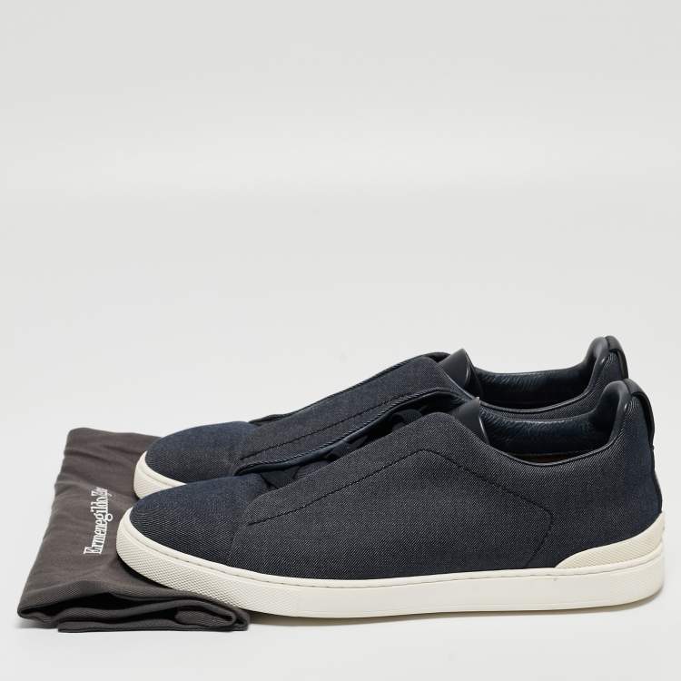 Pre Owned Ermenegildo Zegna Blue Denim and Leather Triple Stitch Low Top Sneakers Size 44